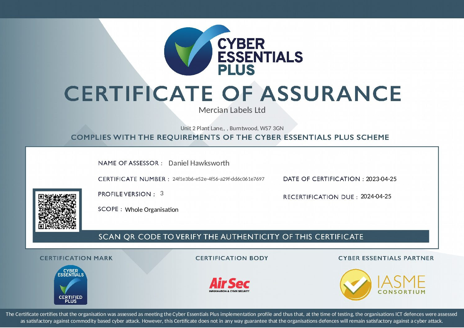 Cyber Essentials Plus Certificate for Mercian Labels
