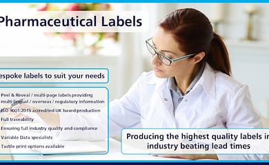 Bespoke Pharmaceutical Labels to suit your needs. Lady in white lab coat looking at benefits of Pharmaceutical Labels