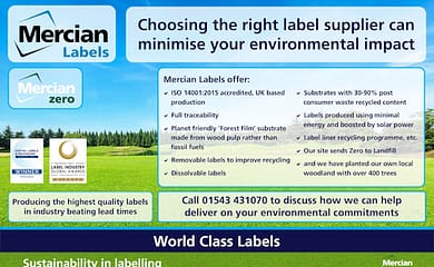 Background image of grassy area with trees in the background overlaid with text highlighting the environmental benefits of using Mercian Labels and a call to action to discuss how Mercian Labels can help clients deliver on their environmental commitments.