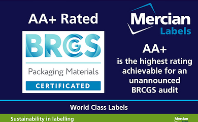 Dark Blue background showing the Mercian Labels logo at top left, the 'BRCGS Packaging Materials Certificated' logo centred to the left and statement that AA+ is the highest rating achievable for an unannounced BRCGS audit