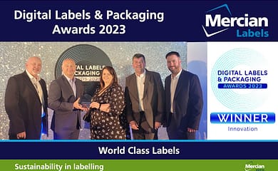 The Mercian Labels team on stage, having been crowned as Winners in the Innovation category at The Digital labels & Packaging Awards 2023