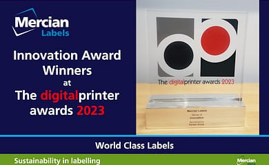 Image showing Mercian Labels logo at the top left with text underneath proclaiming 'Innovation Award Winners at The digital printer Awards 2023', with a picture of the winners trophy to the right of it.