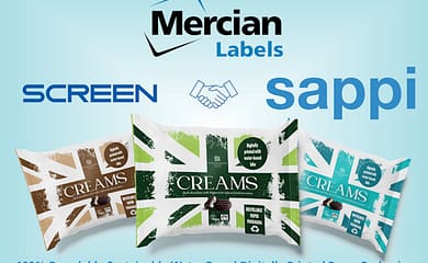 Image showing the Mercian Labels logo at the top centre with an icon of two hands shaking (in greeting) below it with the SCREEN Europe logo to the left and the SAPPI logo to the right. Beneath this are three images of packs of Whitakers chocolates with the one on the left being primarily in brown, the one on the right being primarily in turquoise and the one in the centre being primarily in green - each with a union jack flag image in their respective colours as a background