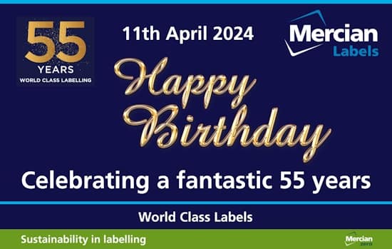 A dark blue rectangle with a gold 55 in the top left hand corner with the words ‘Years World Class Labelling’ in white underneath it. The date (11th April 2024) at the top centre and the Mercian labels logo in the top right. With the words ‘Happy Birthday’ in a gold, handwritten font in the centre and the words ‘Celebrating a fantastic 55 years’ in white across the base.