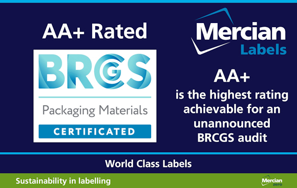 Dark Blue background showing the Mercian Labels logo at top left, the 'BRCGS Packaging Materials Certificated' logo centred to the left and statement that AA+ is the highest rating achievable for an unannounced BRCGS audit
