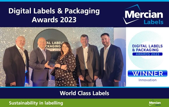 The Mercian Labels team on stage, having been crowned as Winners in the Innovation category at The Digital labels & Packaging Awards 2023