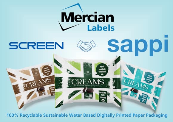 Image showing the Mercian Labels logo at the top centre with an icon of two hands shaking (in greeting) below it with the SCREEN Europe logo to the left and the SAPPI logo to the right. Beneath this are three images of packs of Whitakers chocolates with the one on the left being primarily in brown, the one on the right being primarily in turquoise and the one in the centre being primarily in green - each with a union jack flag image in their respective colours as a background