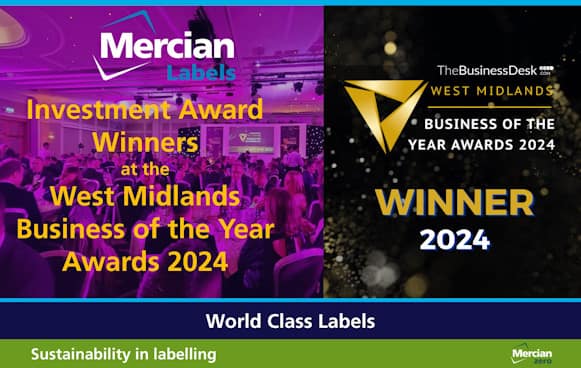 An image of a room full of people seated around round tables in smart business attire or evening dresses with predominantly purple lighting, waiting for the awards presentations to start – overlaid with the Mercian Labels logo and the words ‘Investment Award Winners at the West Midlands Business of the Year Awards 2024’ in Gold text and a Winner’s logo to the right hand side.