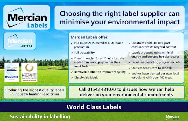 Background image of grassy area with trees in the background overlaid with text highlighting the environmental benefits of using Mercian Labels and a call to action to discuss how Mercian Labels can help clients deliver on their environmental commitments.