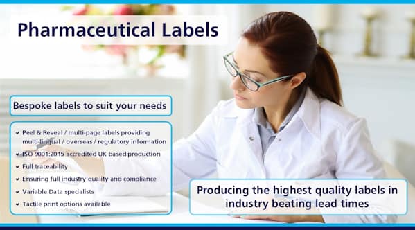 Bespoke Pharmaceutical Labels to suit your needs. Lady in white lab coat looking at benefits of Pharmaceutical Labels
