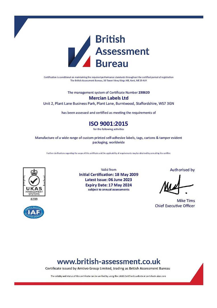 ISO 9001 2015 British Assessment Bureau Certificate of Approval for Mercian Labels 6th June 2023 pdf